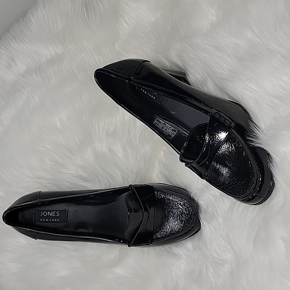 Jones New York Cypress Penny Loafer Pump Heels Black Faux Patent Womens Size 8.5